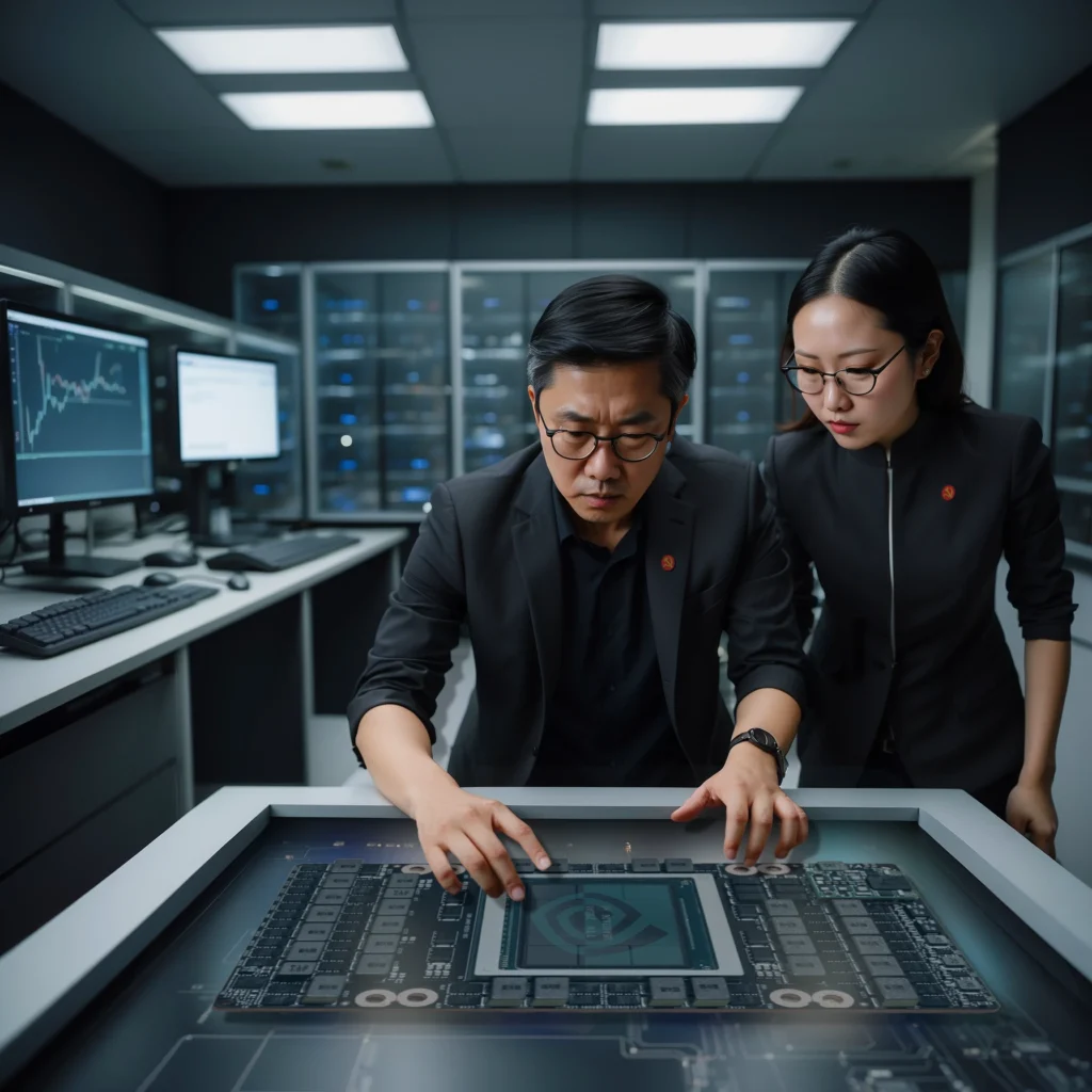 Chinese researchers hovering over a glowing H100 wearing CCP pins. Leonardo