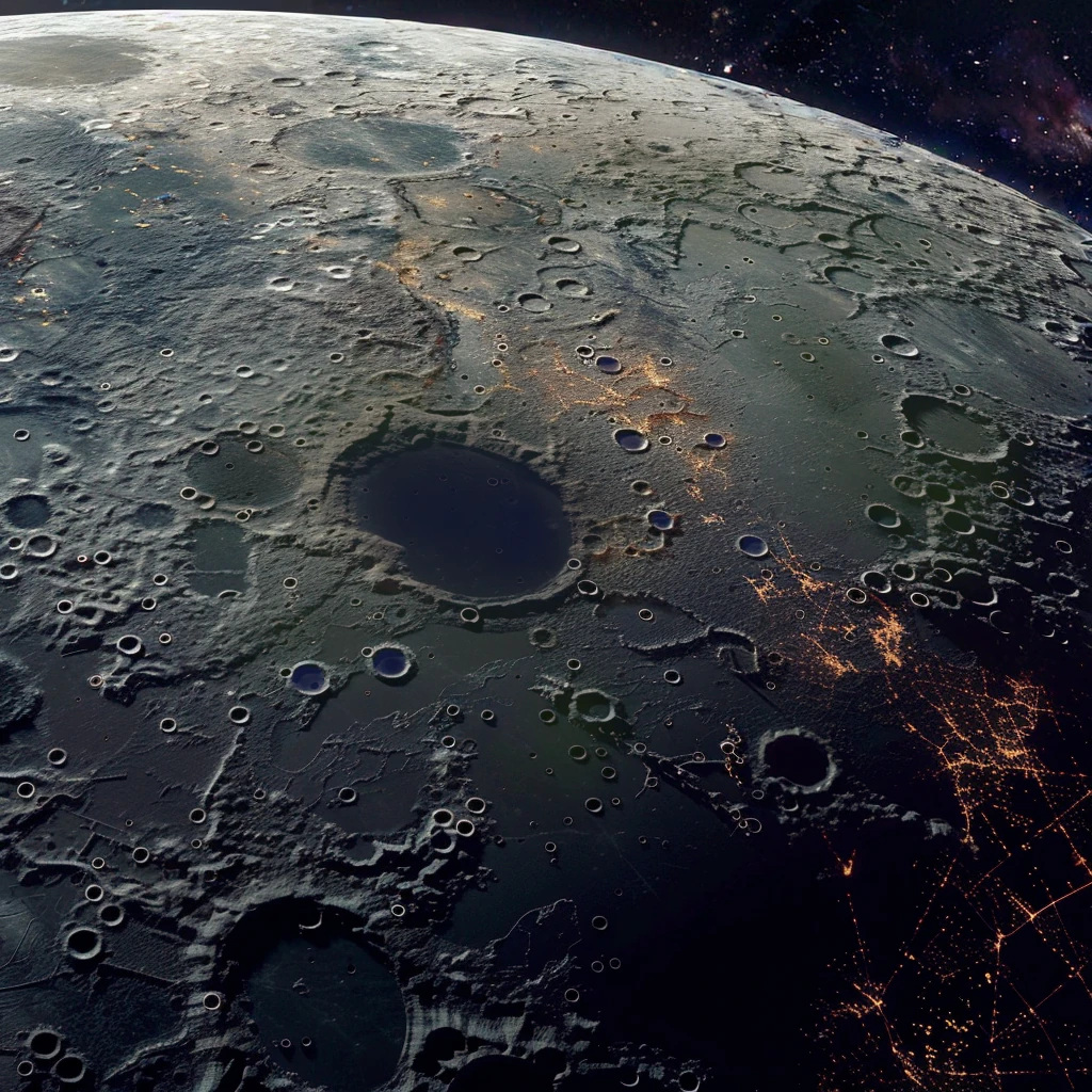 View from space of a terraformed Moon, featuring green vegetation and blue water, symbolizing a habitable lunar environment.