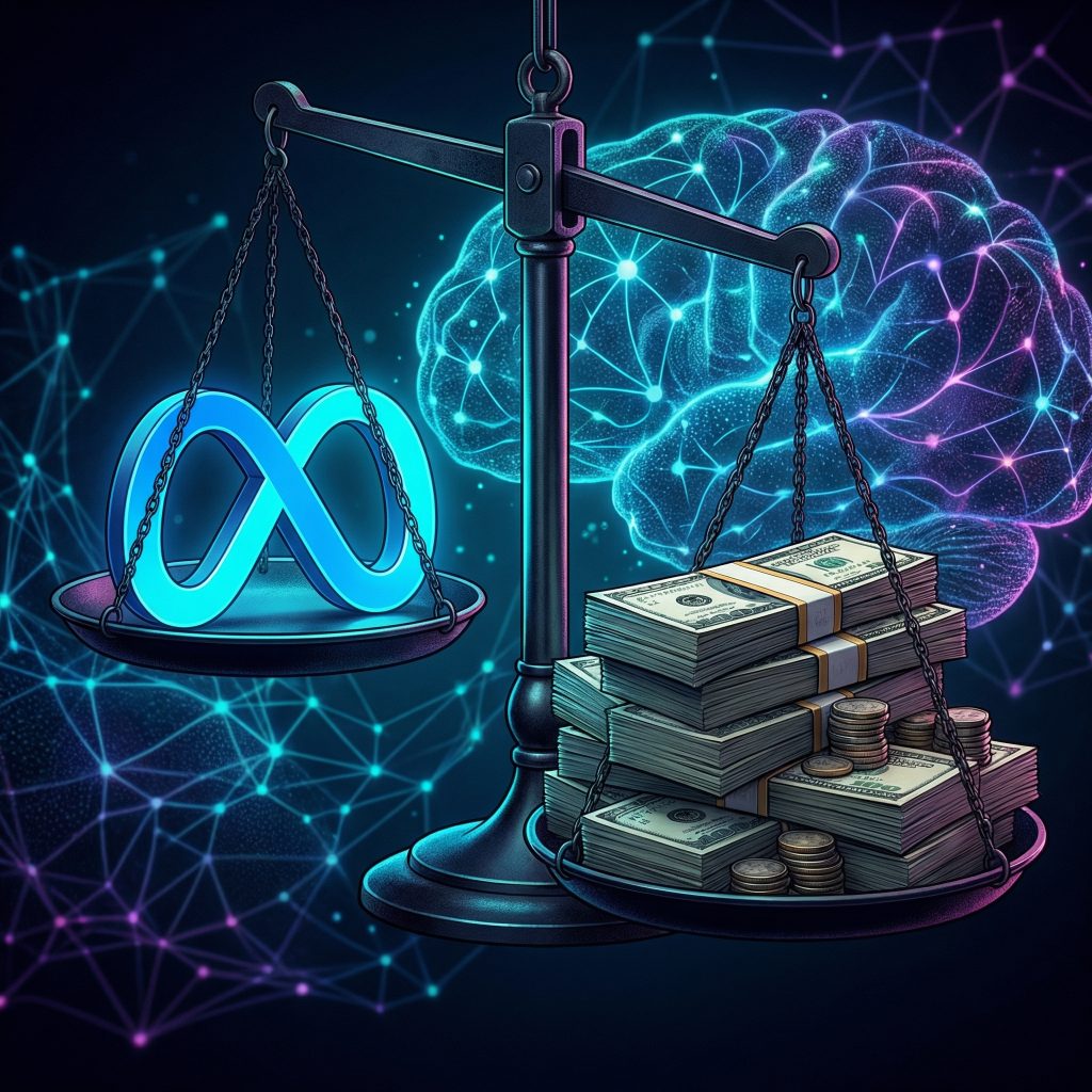 Meta infinity logo on balance scale outweighed by money, surrounded by AI neural patterns - generated with gemini-3-pro-image