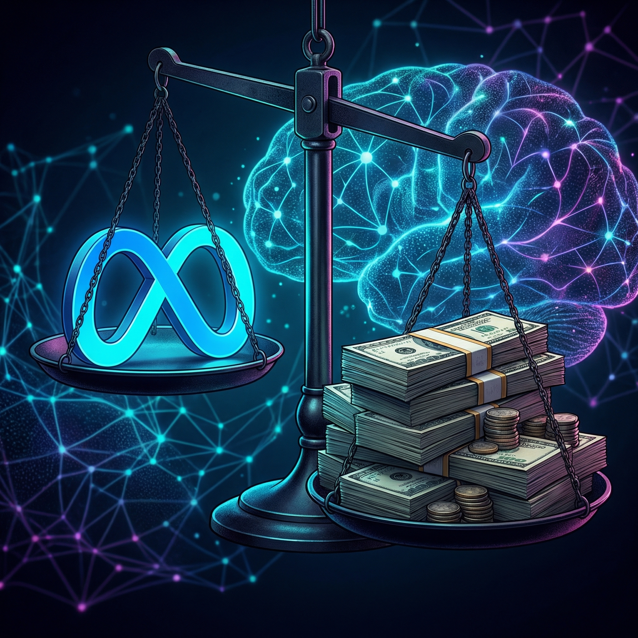 Meta infinity logo on balance scale outweighed by money, surrounded by AI neural patterns - generated with gemini-3-pro-image