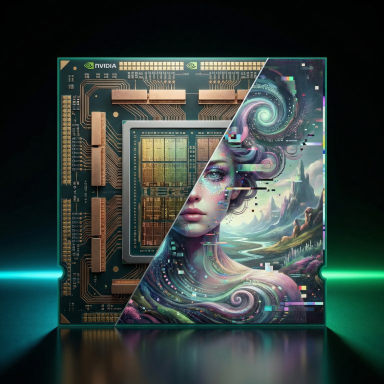 NVIDIA GPU chip split visualization showing raw silicon circuitry on one half and AI-generated imagery with artifacts on the other, representing real vs generated frames, generated with gemini-3-pro-image