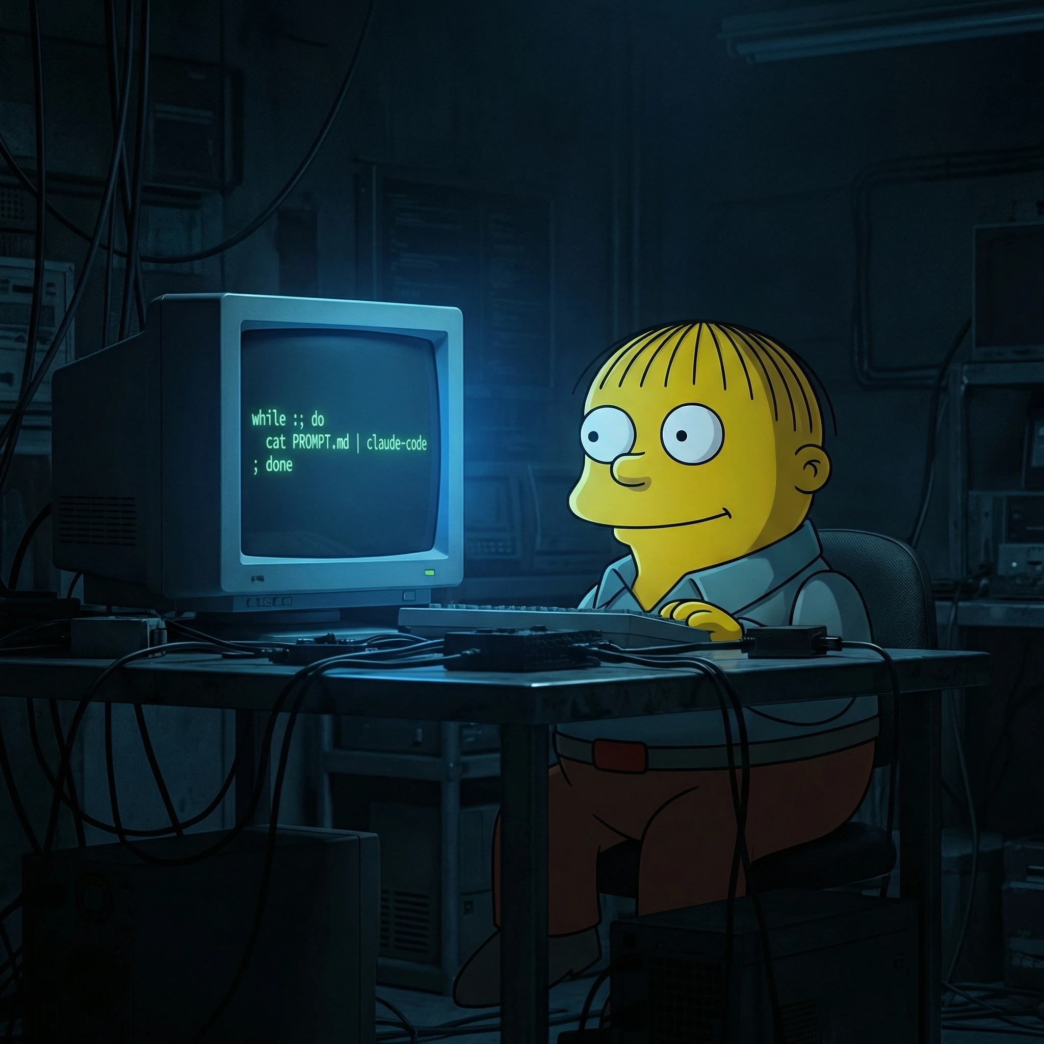 Ralph Wiggum from The Simpsons at a coding workstation with bash loop on monitor, generated with gemini-3-pro-image