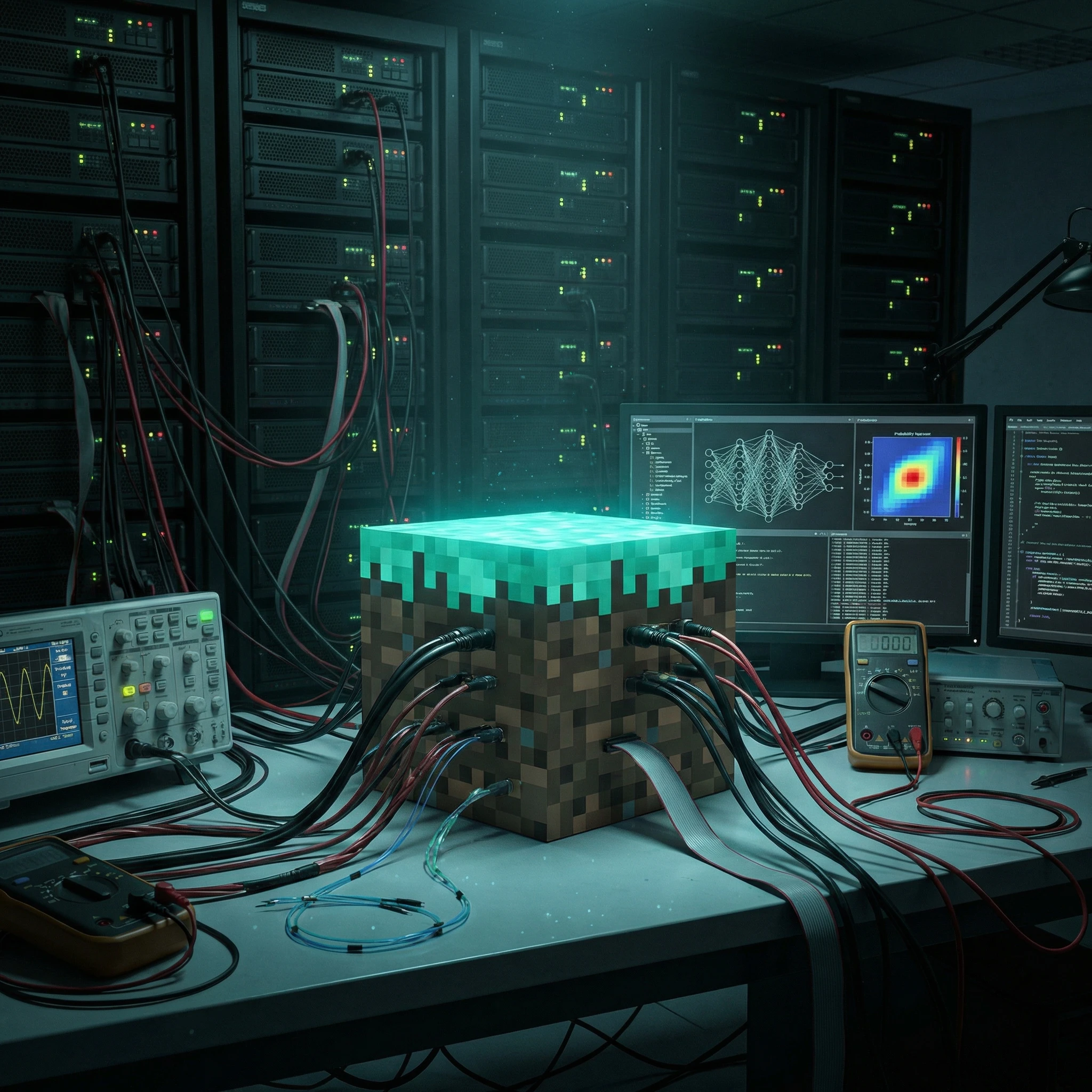 Minecraft grass block connected to server infrastructure in a laboratory setting, generated with gemini-3-pro-image