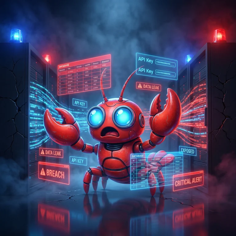 Alarmed lobster mascot surrounded by exposed databases and security warnings, generated with gemini-3-pro-image