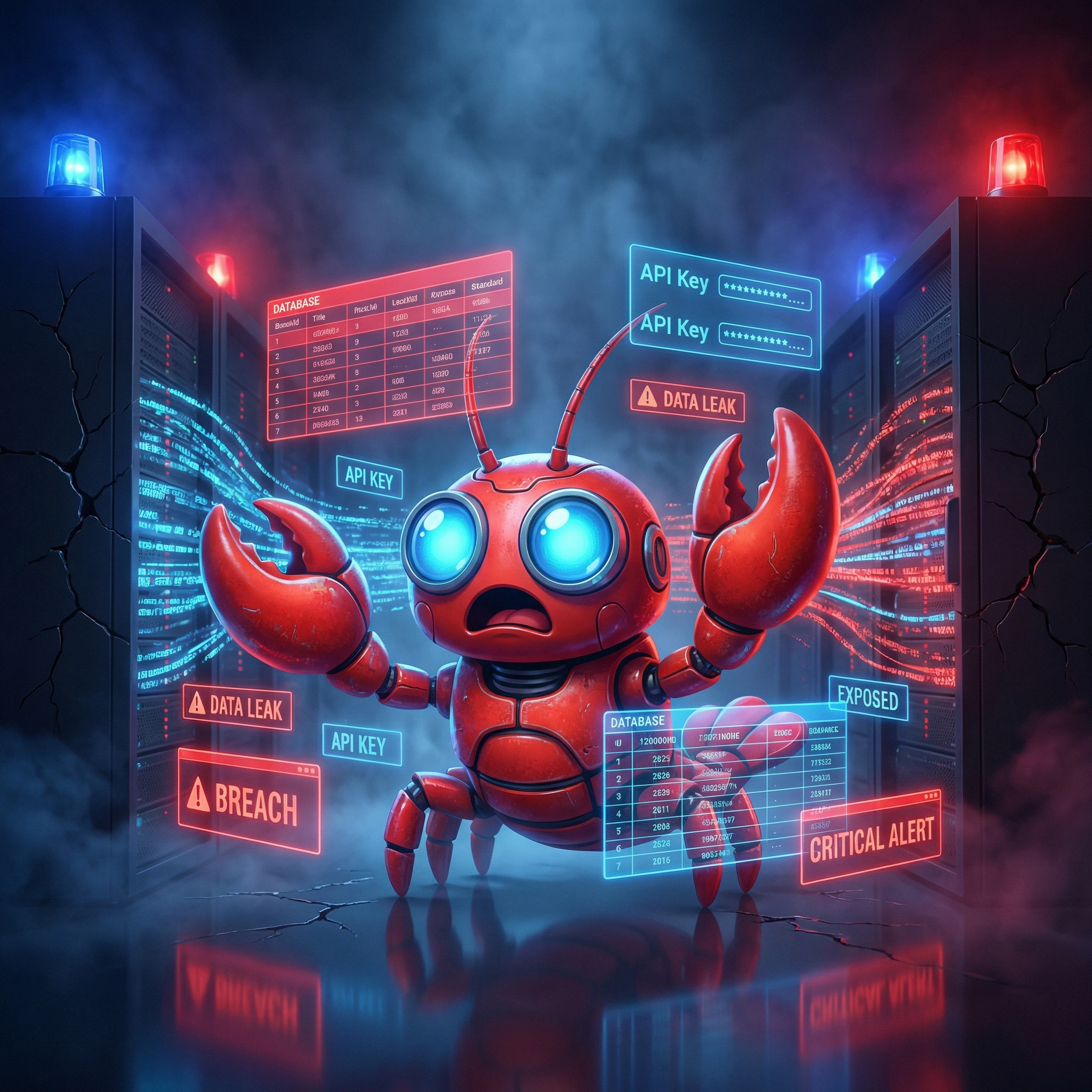 Alarmed lobster mascot surrounded by exposed databases and security warnings, generated with gemini-3-pro-image