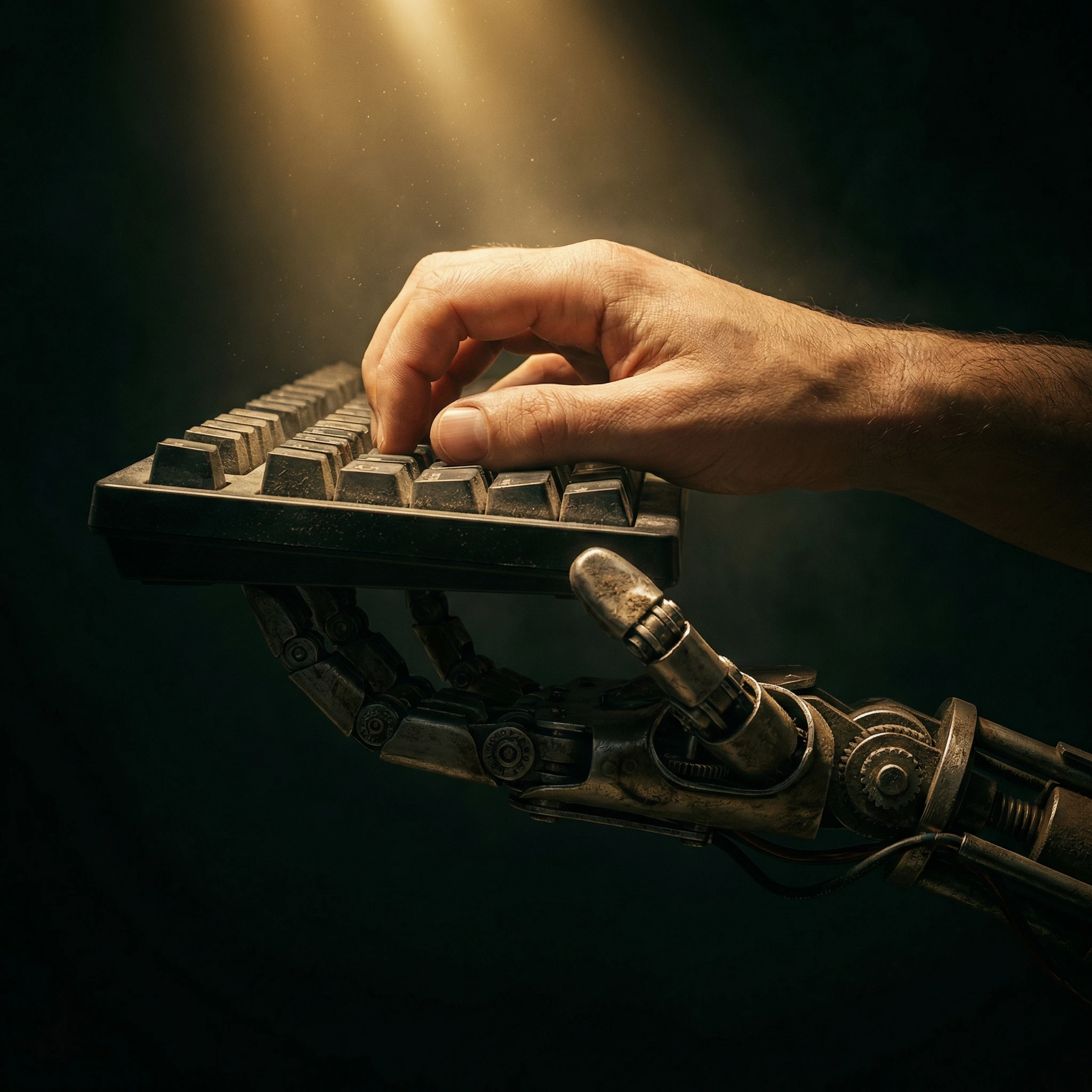 Human hand and robotic hand on keyboard, Renaissance-style chiaroscuro lighting, generated with gemini-3-pro-image