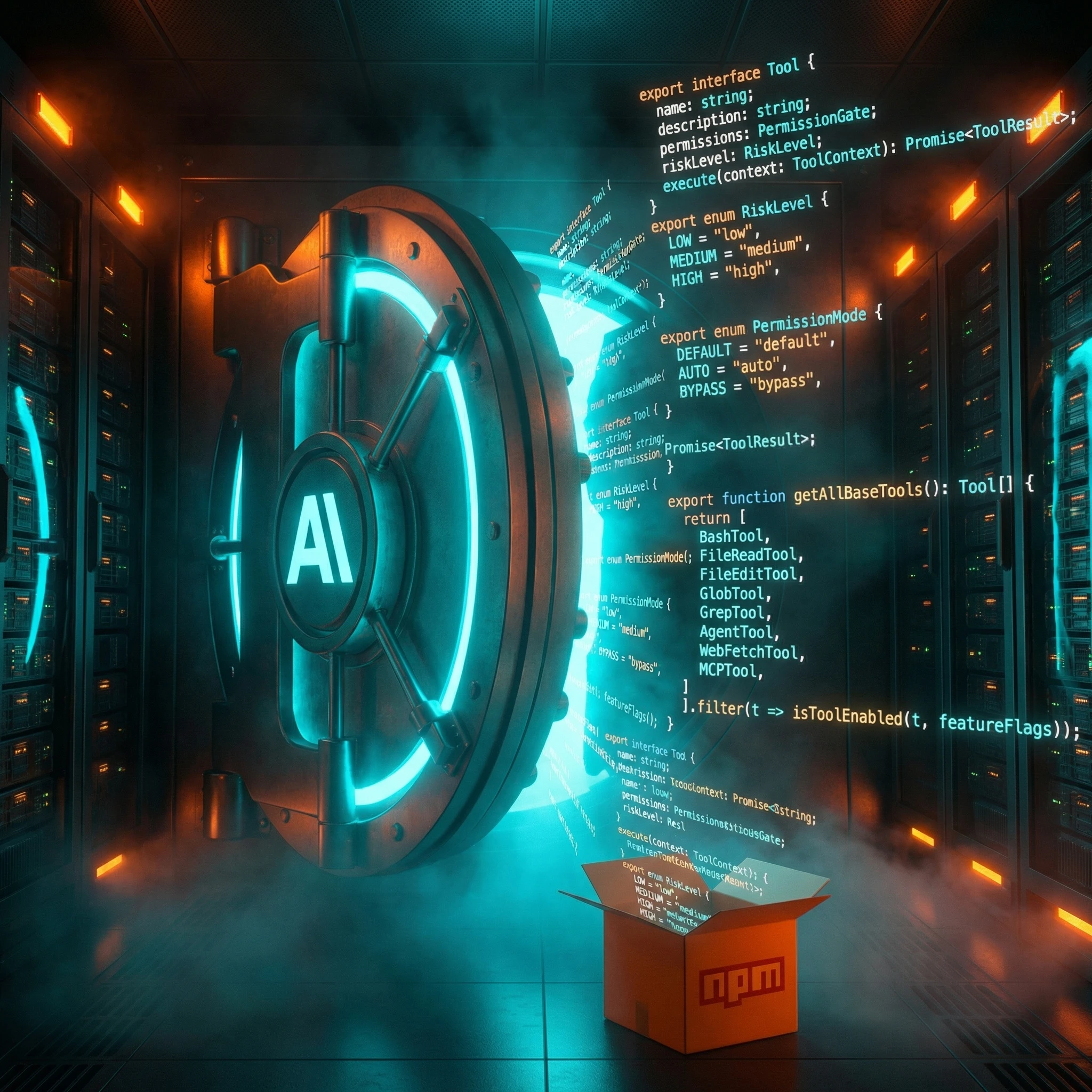 Anthropic vault cracked open with TypeScript source code streaming out, generated with gemini-3-pro-image