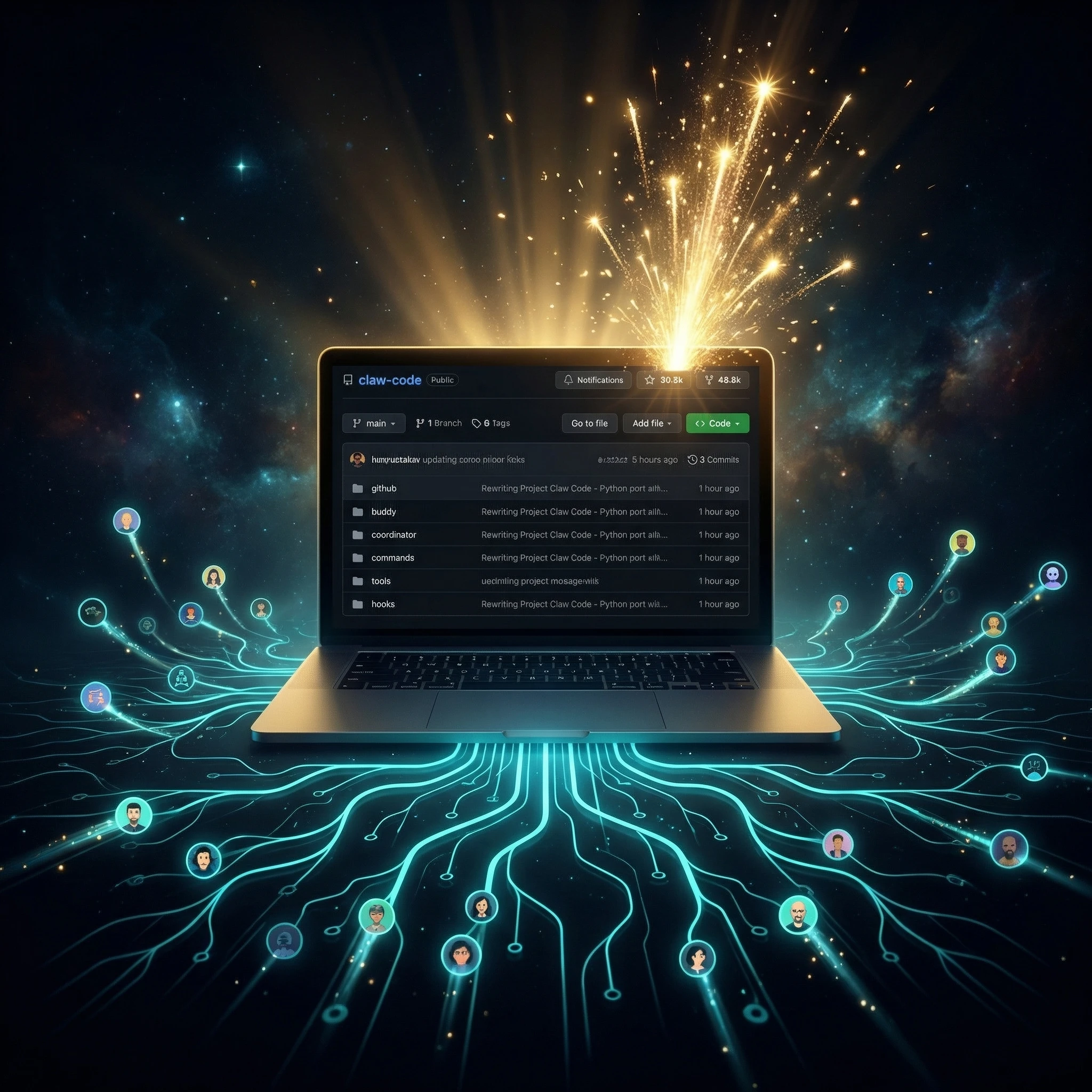 GitHub repository with exploding star count and fork branches spreading, generated with gemini-3-pro-image