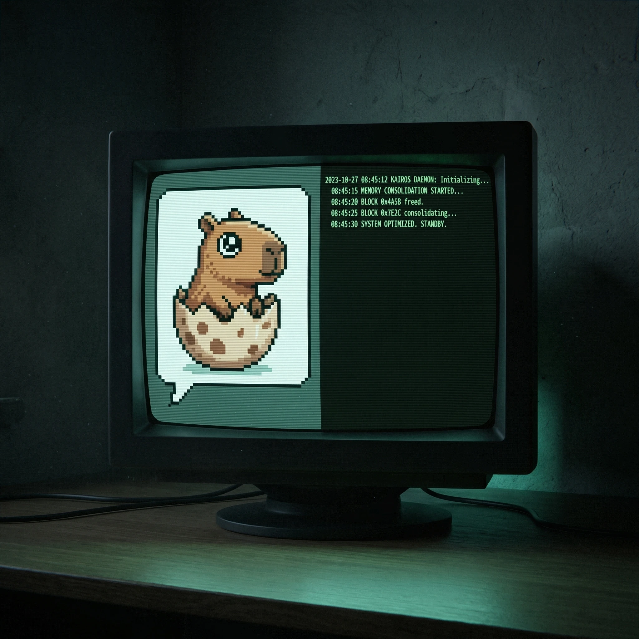 Retro CRT monitor showing pixelated capybara hatching with KAIROS daemon logs, generated with gemini-3-pro-image