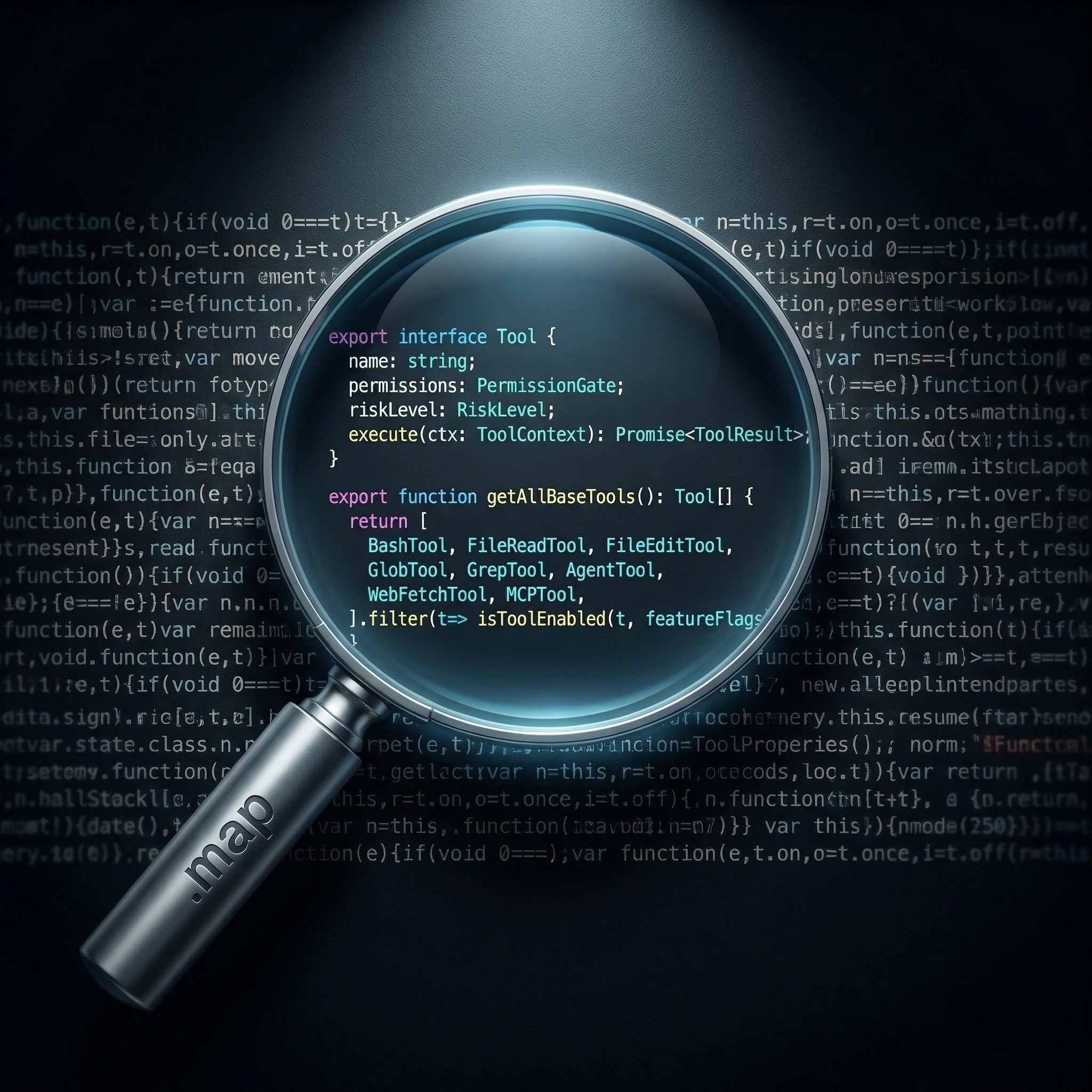Magnifying glass with .map label revealing readable TypeScript from minified JavaScript code, generated with gemini-3-pro-image