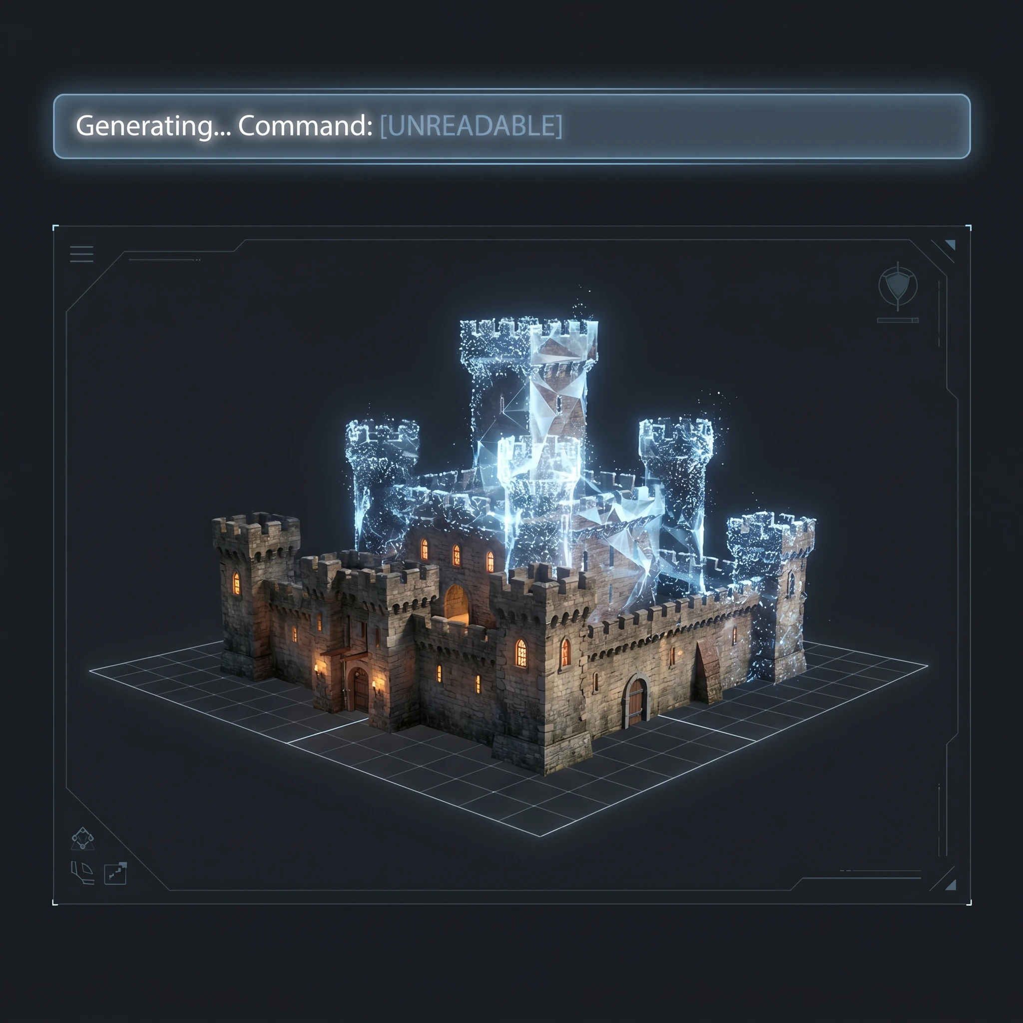 Medieval castle materializing from AI text-to-3D generation, generated with gemini-3-pro-image