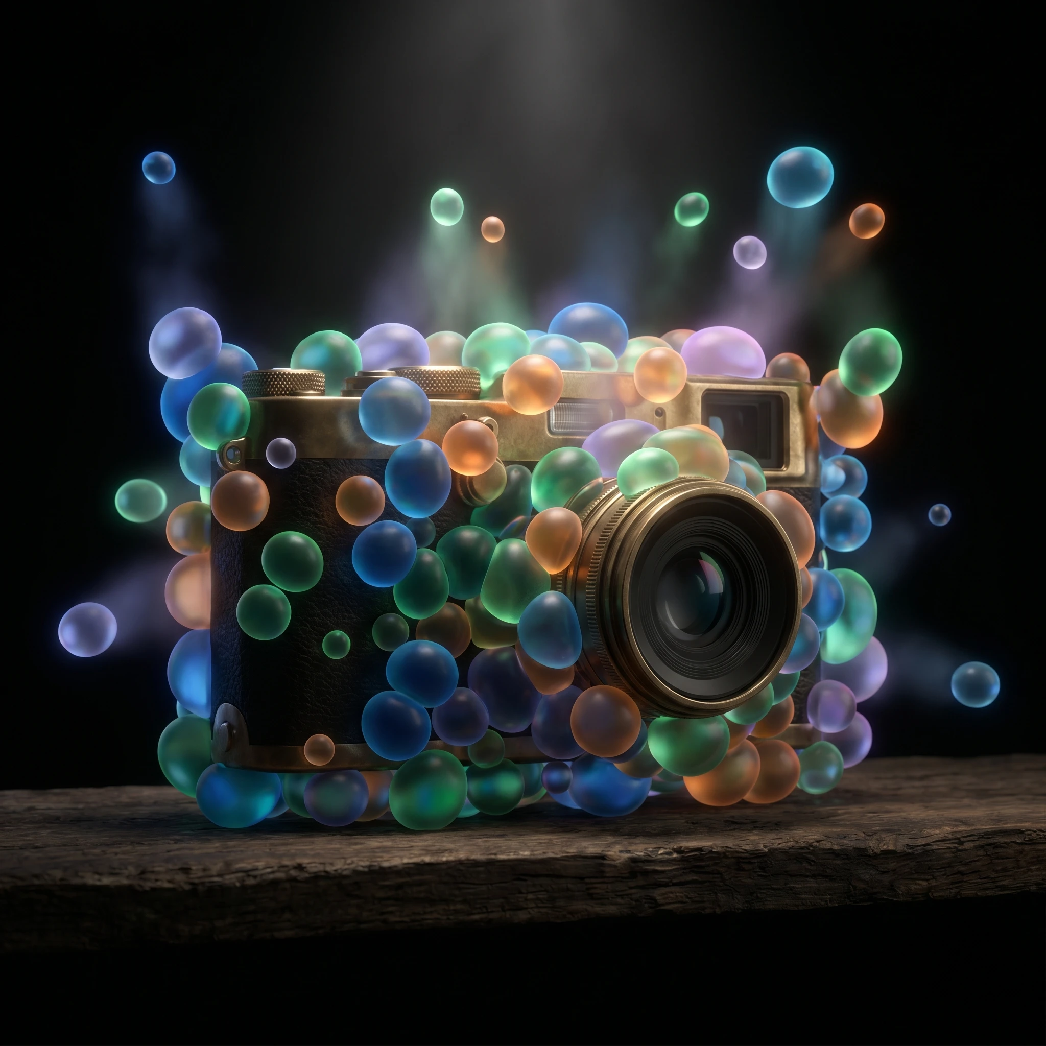 Vintage camera forming from translucent gaussian splat blobs, generated with gemini-3-pro-image