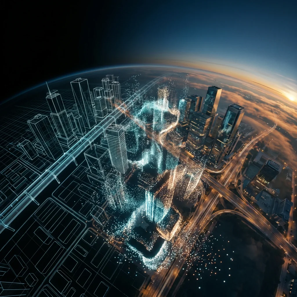 Orbital cityscape transitioning from wireframe to photorealistic rendering, generated with gemini-3-pro-image