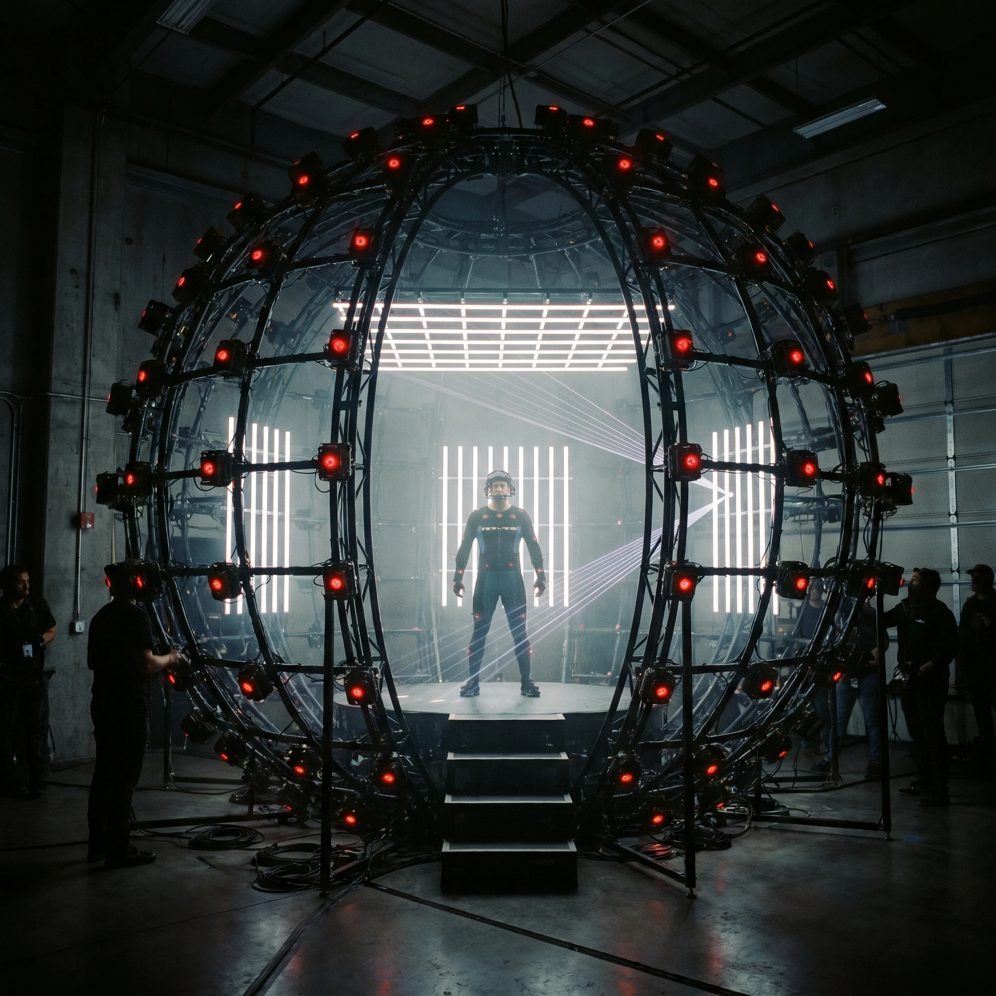 Spherical volumetric capture stage with camera sensors, generated with gemini-3-pro-image