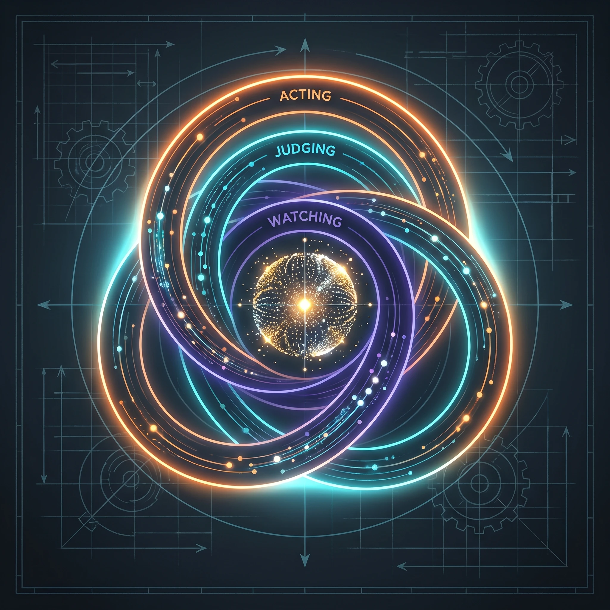 Self-refining AI trading loop of three interlocking rings, generated with gemini-3-pro-image