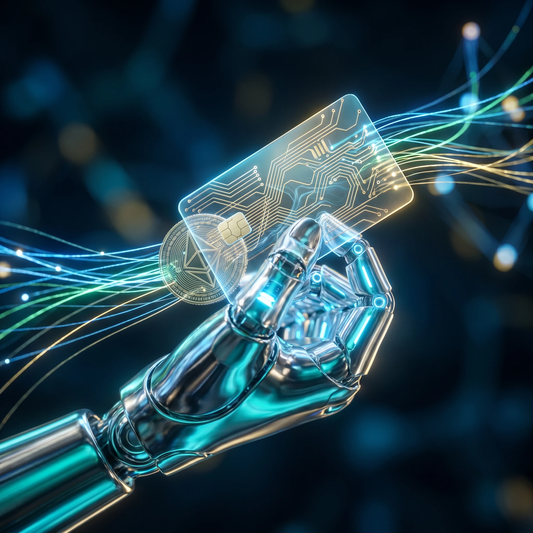 Robotic hand holding a glowing digital payment card and stablecoin, generated with gemini-3-pro-image