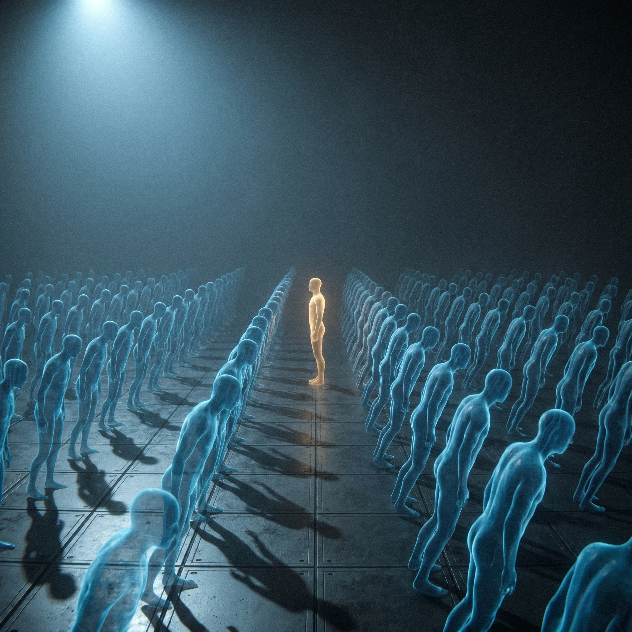 A grid of identical AI agents moving in lockstep with one outlier, generated with gemini-3-pro-image