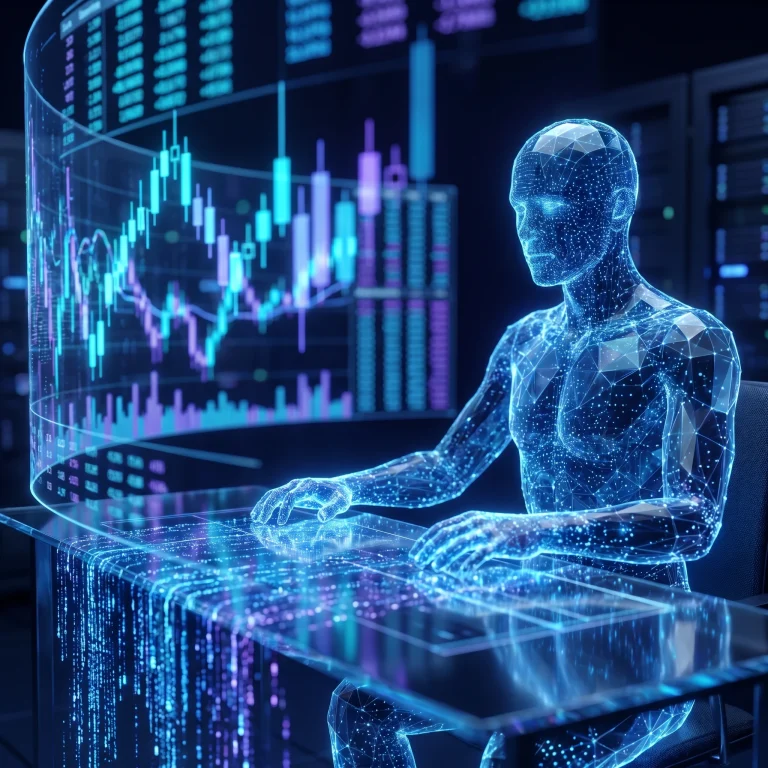 Autonomous AI trading agent at a wall of holographic market charts, generated with gemini-3-pro-image