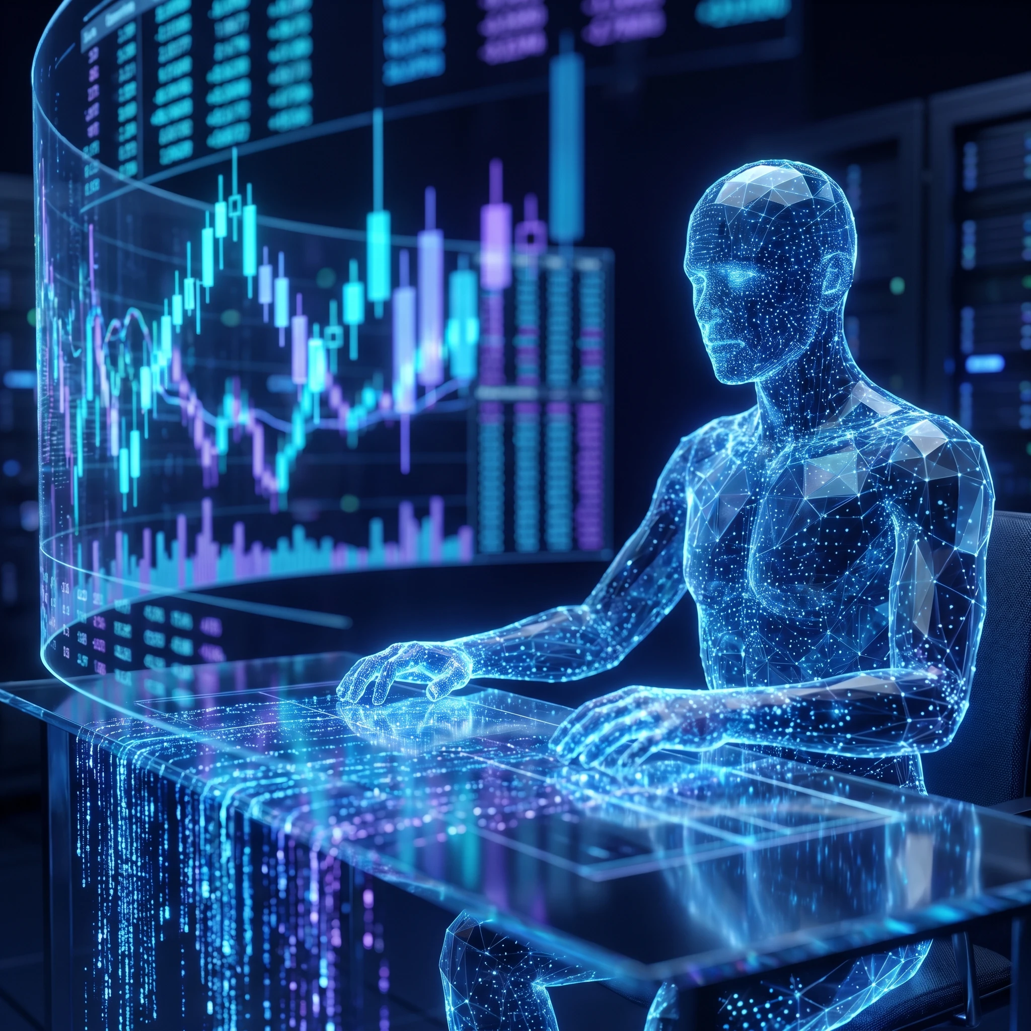 Autonomous AI trading agent at a wall of holographic market charts, generated with gemini-3-pro-image