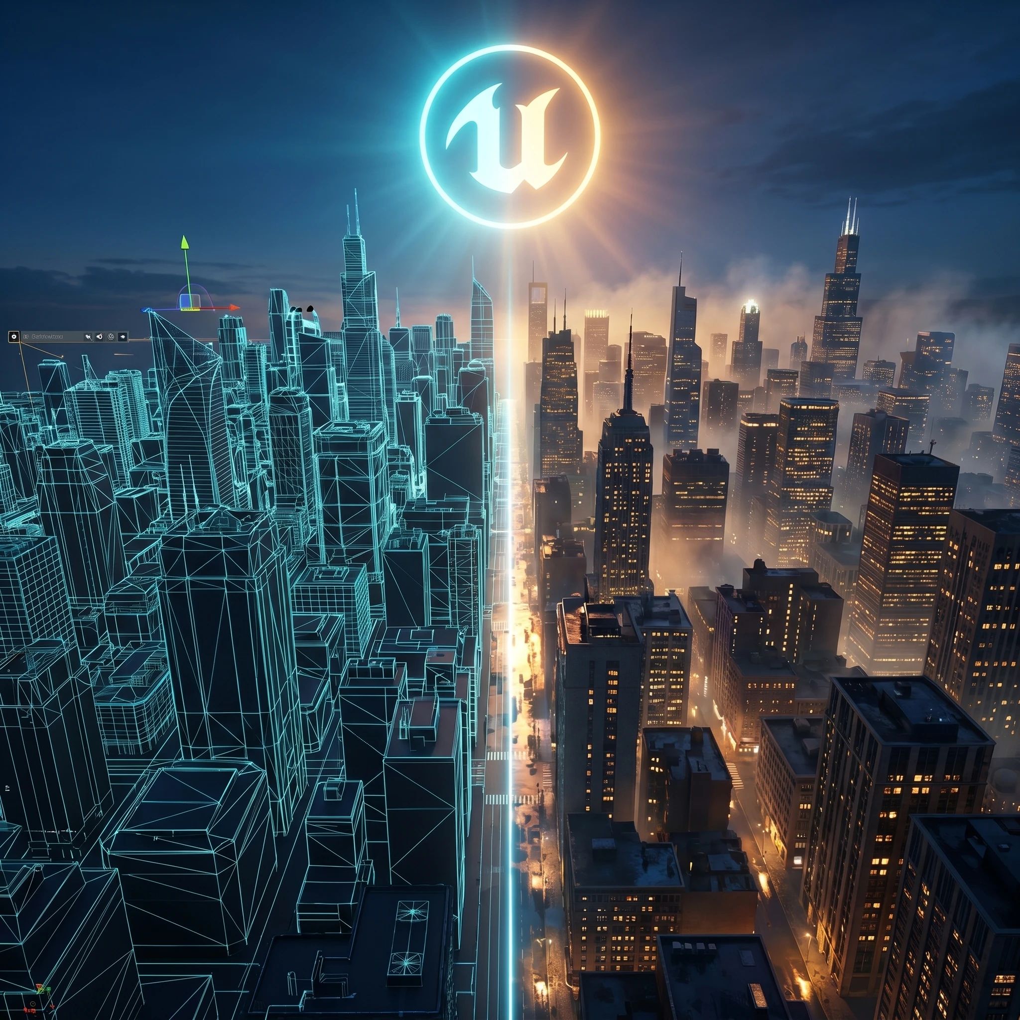 A city skyline split between glowing 3D wireframe and a finished photorealistic render beneath the Unreal Engine logo, generated with gemini-3-pro-image