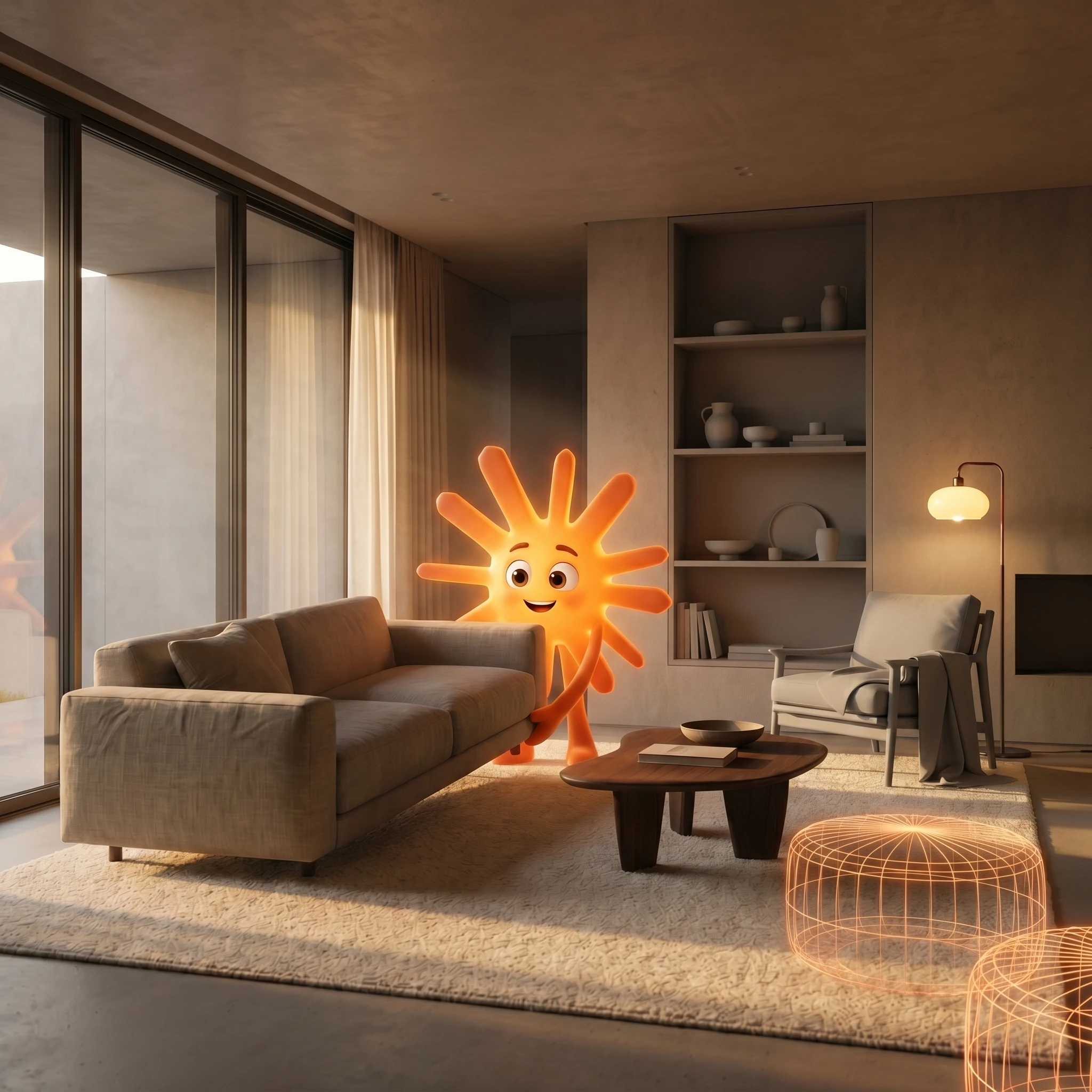 A Pixar-style mascot of the Claude spark placing furniture in a half-built modern living room, generated with gemini-3-pro-image